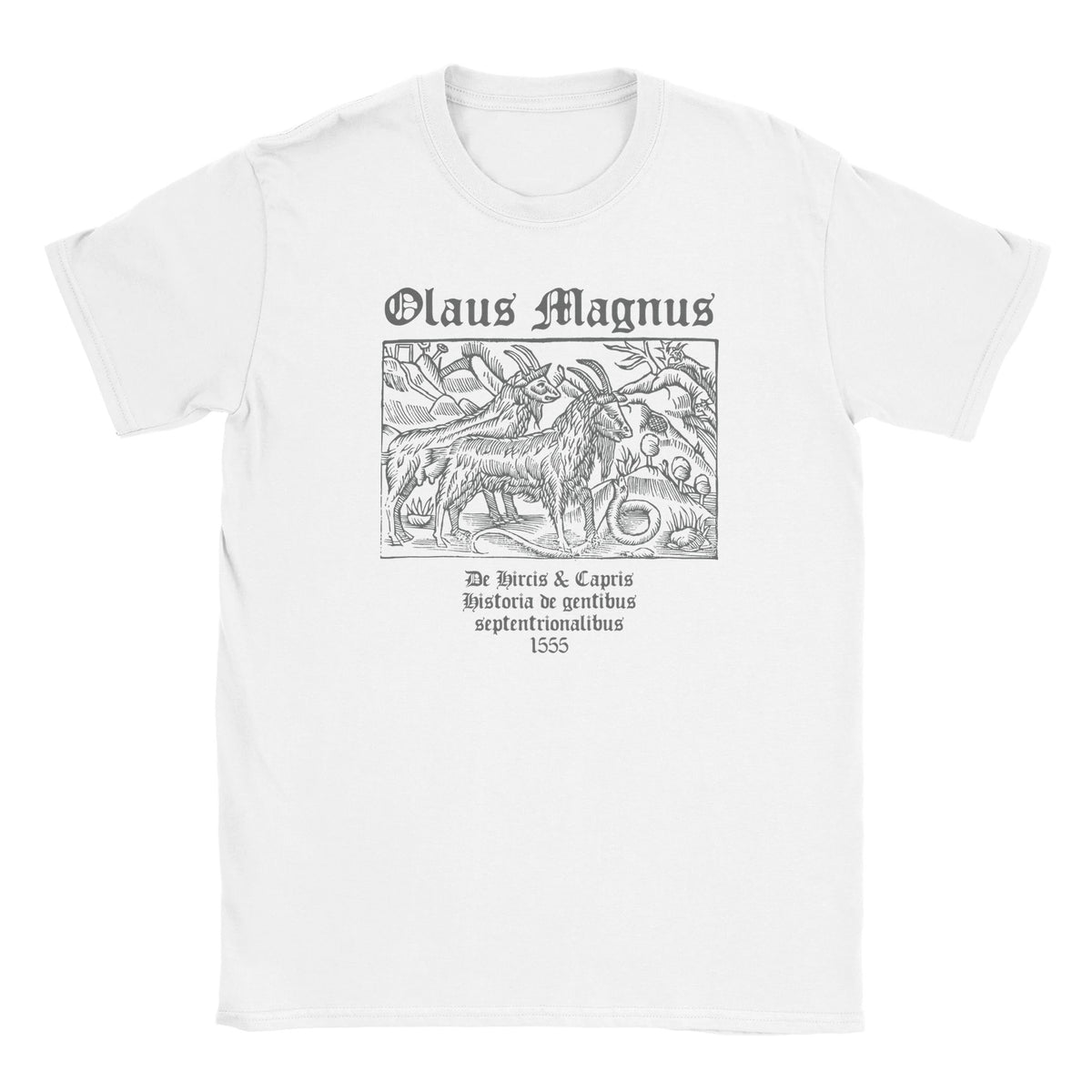 Olaus Magnus De Hircis et Capris weißes T-Shirt vor weißem Hintergrund